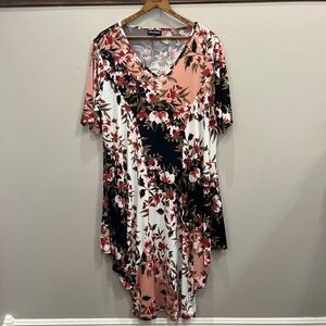 Nina Leonard Floral Print Shift Dress V Neck Short Sleeve Coral Black‎ Casual 2X